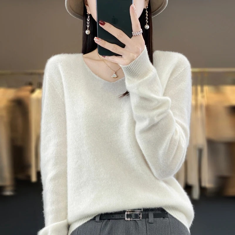 Pull en laine à col en V pour femmes