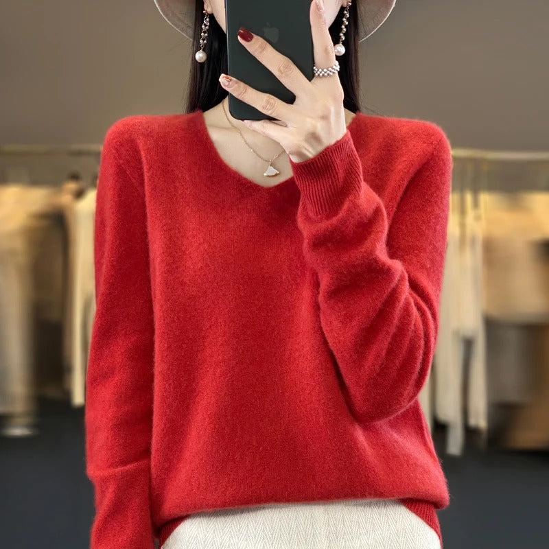 Pull en laine à col en V pour femmes