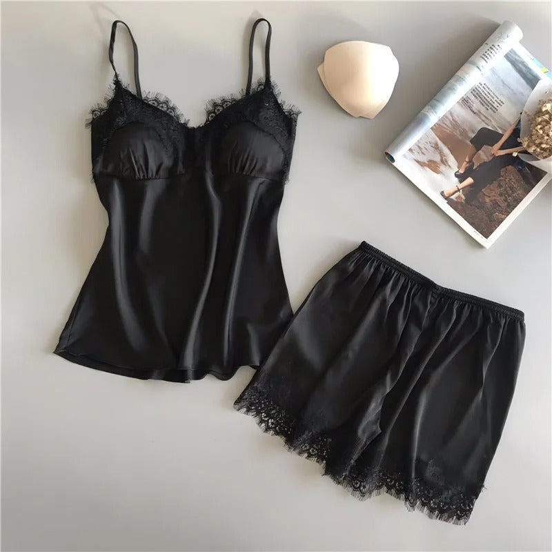 Ensemble de pyjamas en satin à col en V pour femmes