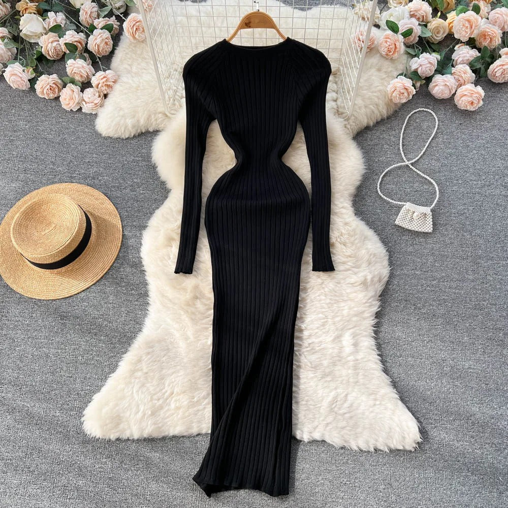 Robe crayon tricotée à manches longues pour femmes
