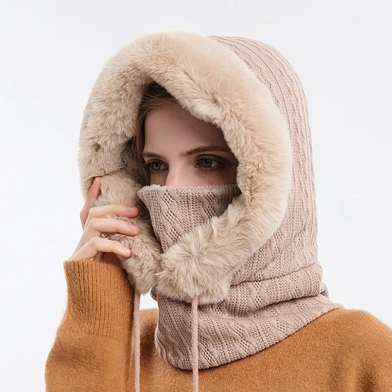 Set de masques pour femmes avec bonnet de fourrure tricoté