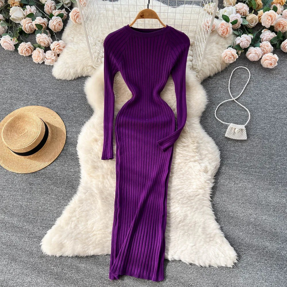 Robe crayon tricotée à manches longues pour femmes