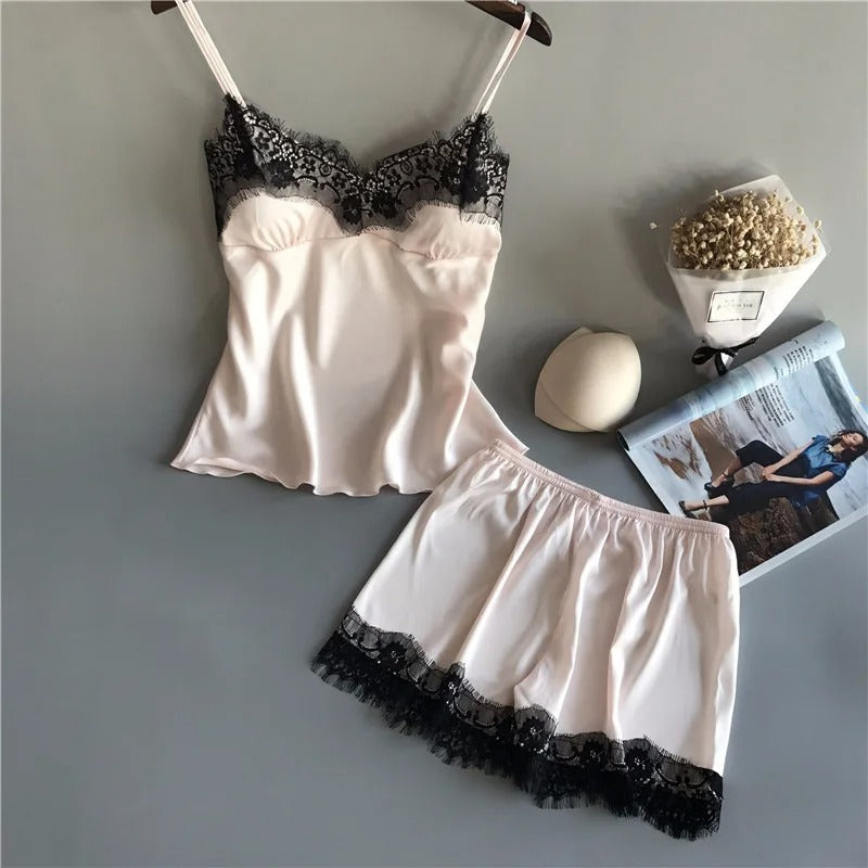 Ensemble de pyjamas en satin à col en V pour femmes