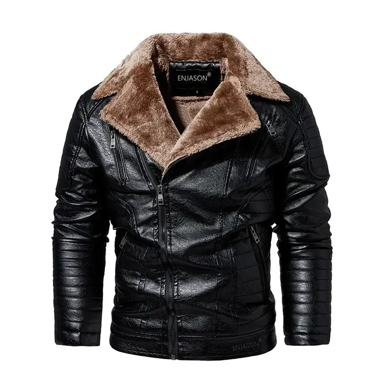 Veste en cuir pour hommes avec col en fourrure