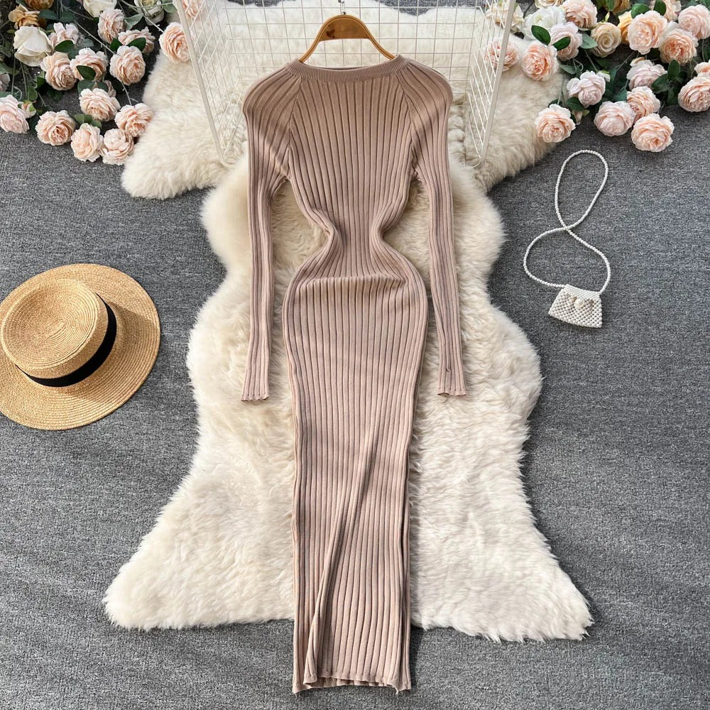Robe crayon tricotée à manches longues pour femmes