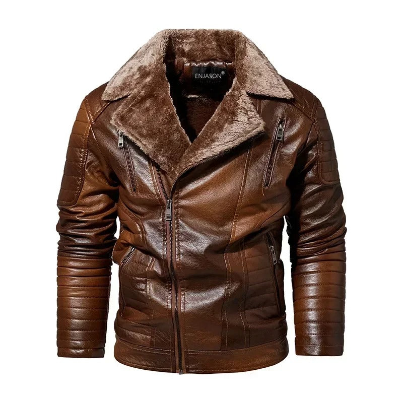 Veste en cuir pour hommes avec col en fourrure