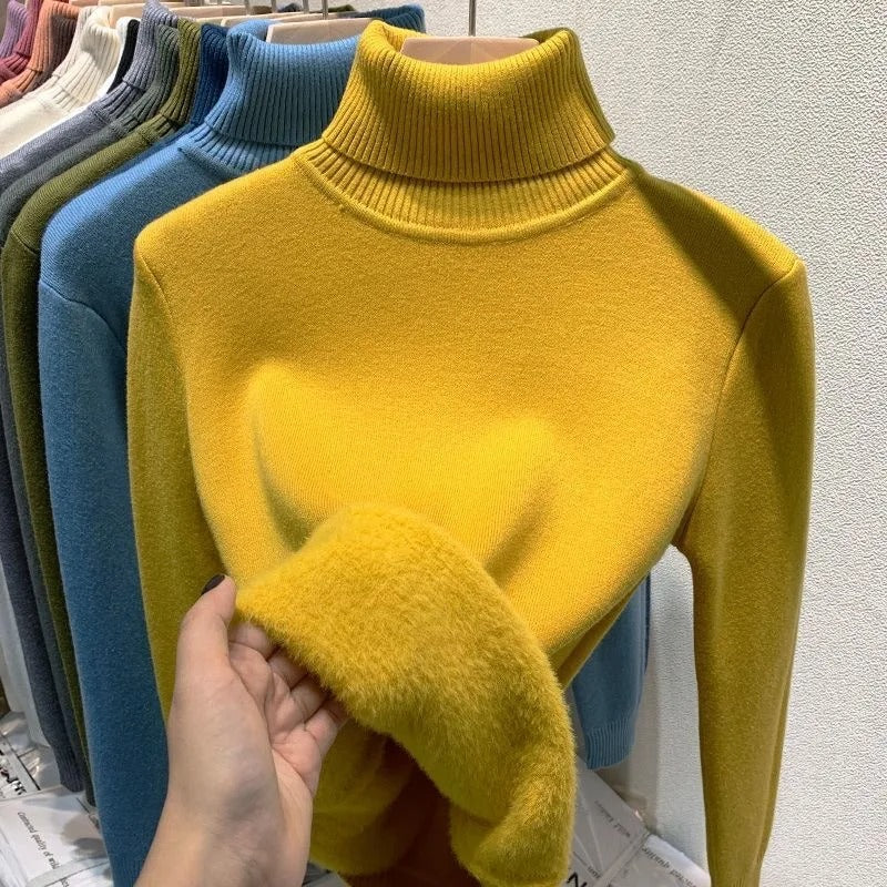 Pull à col roulé doublé de velours pour femmes