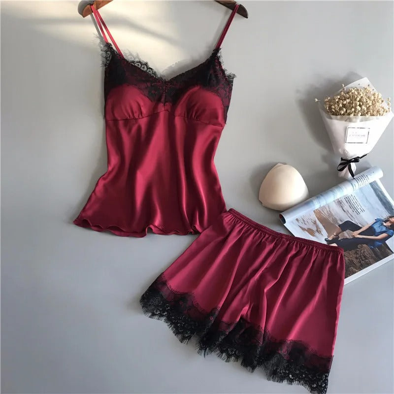 Ensemble de pyjamas en satin à col en V pour femmes