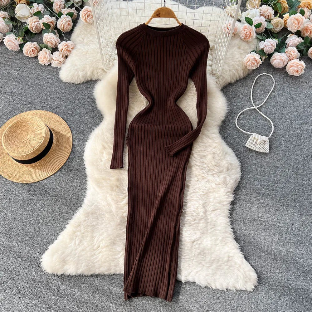 Robe crayon tricotée à manches longues pour femmes