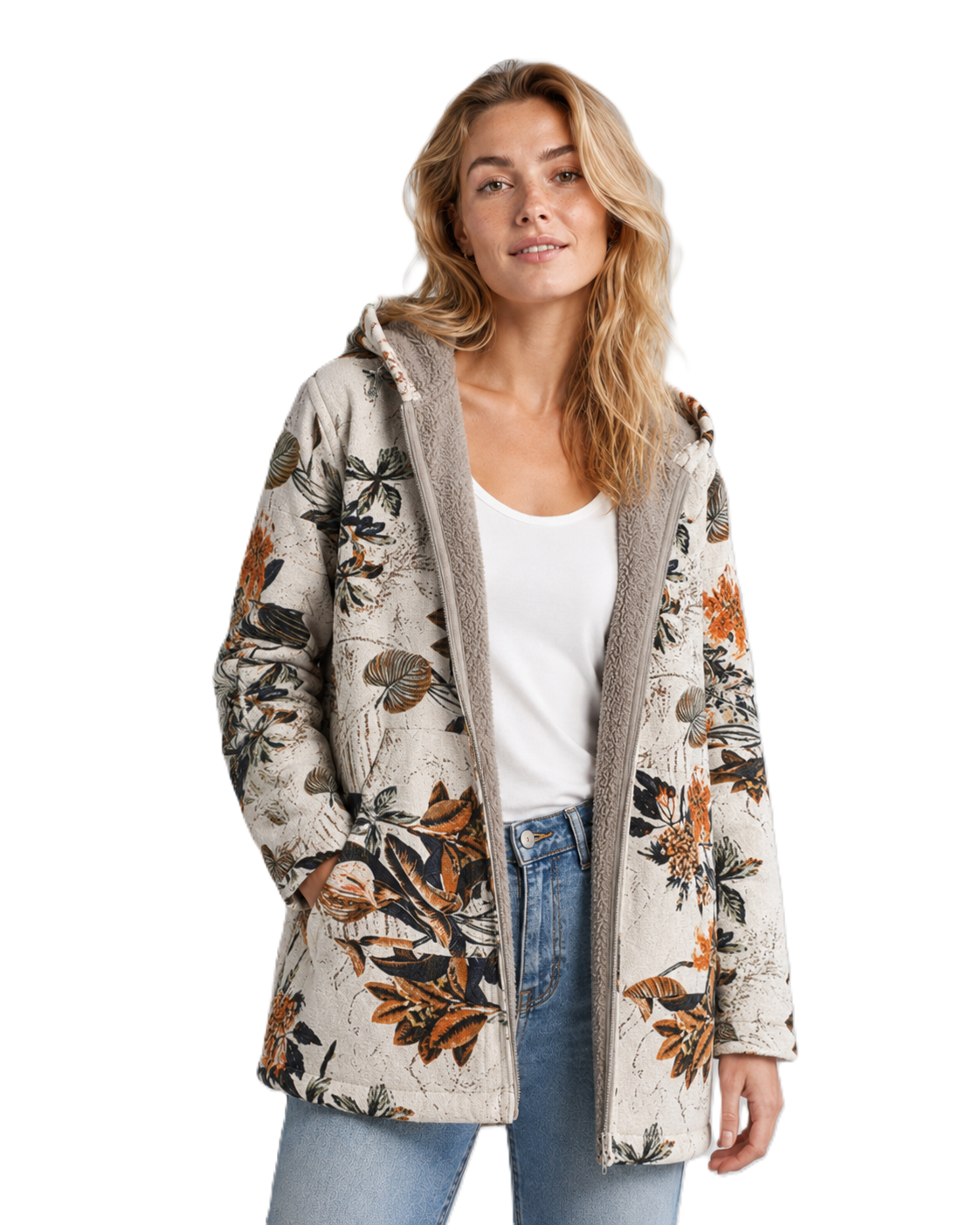 Veste à capuche pour femme en polaire florale