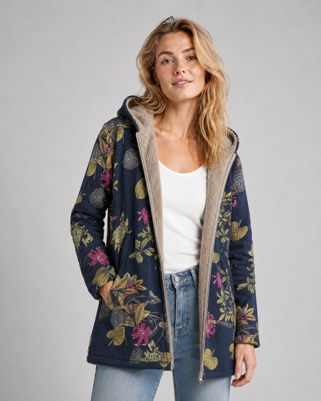 Veste à capuche pour femme en polaire florale