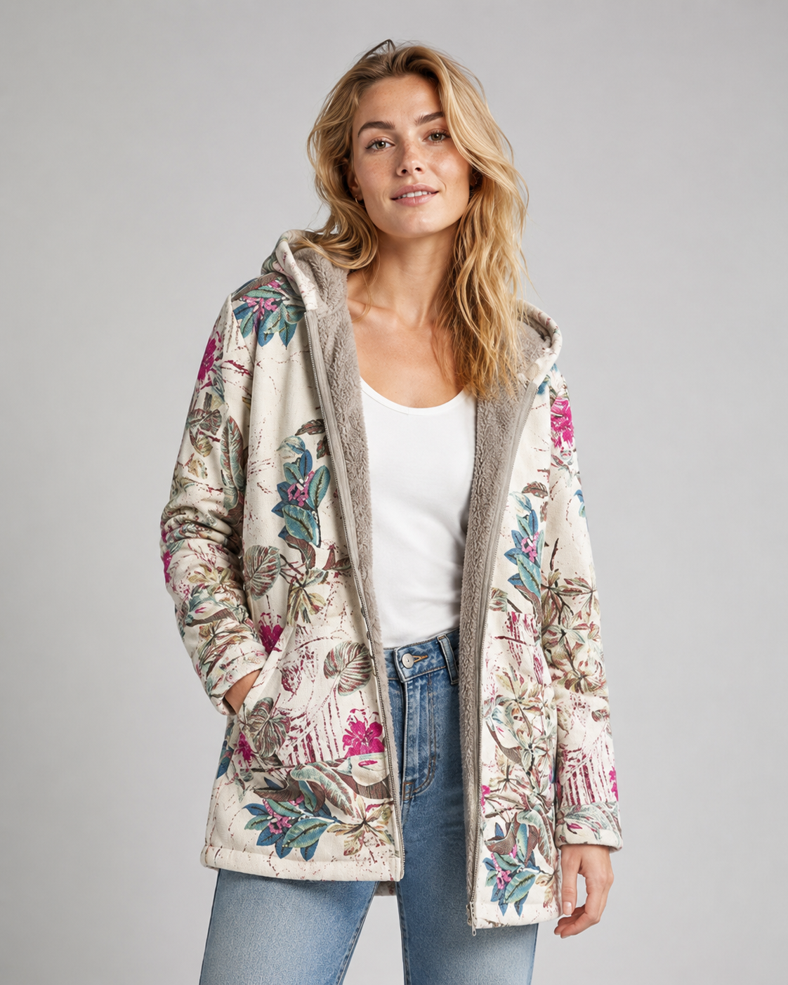 Veste à capuche pour femme en polaire florale