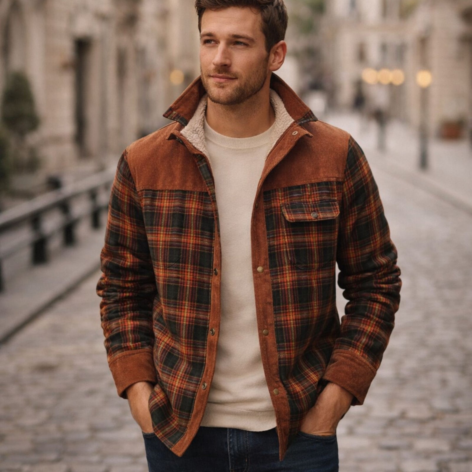 Veste d'Hiver pour Hommes Bomber à Carreaux Doublée Sherpa