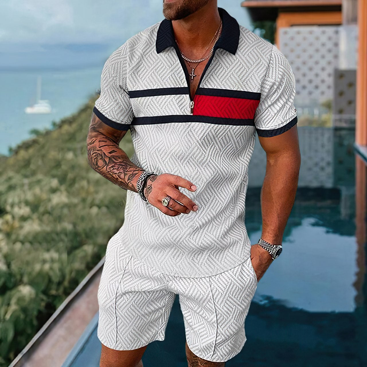 Ensemble Été Homme Décontracté Imprimé Tissu Léger 5