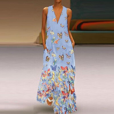Robe longue sans manches à imprimé papillon