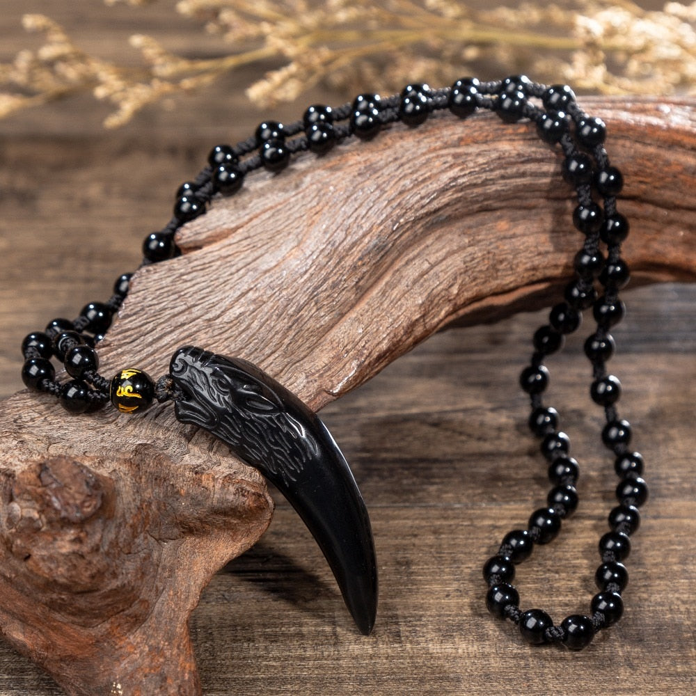 Collier à pendentif loup en obsidienne