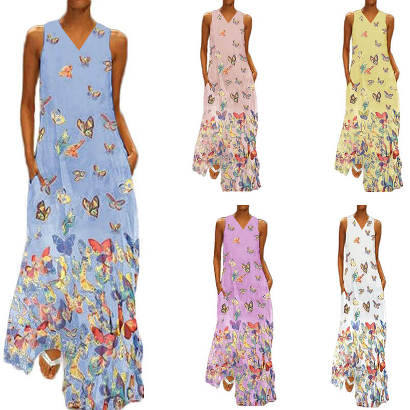 Robe longue sans manches à imprimé papillon
