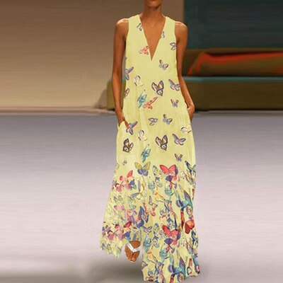 Robe longue sans manches à imprimé papillon