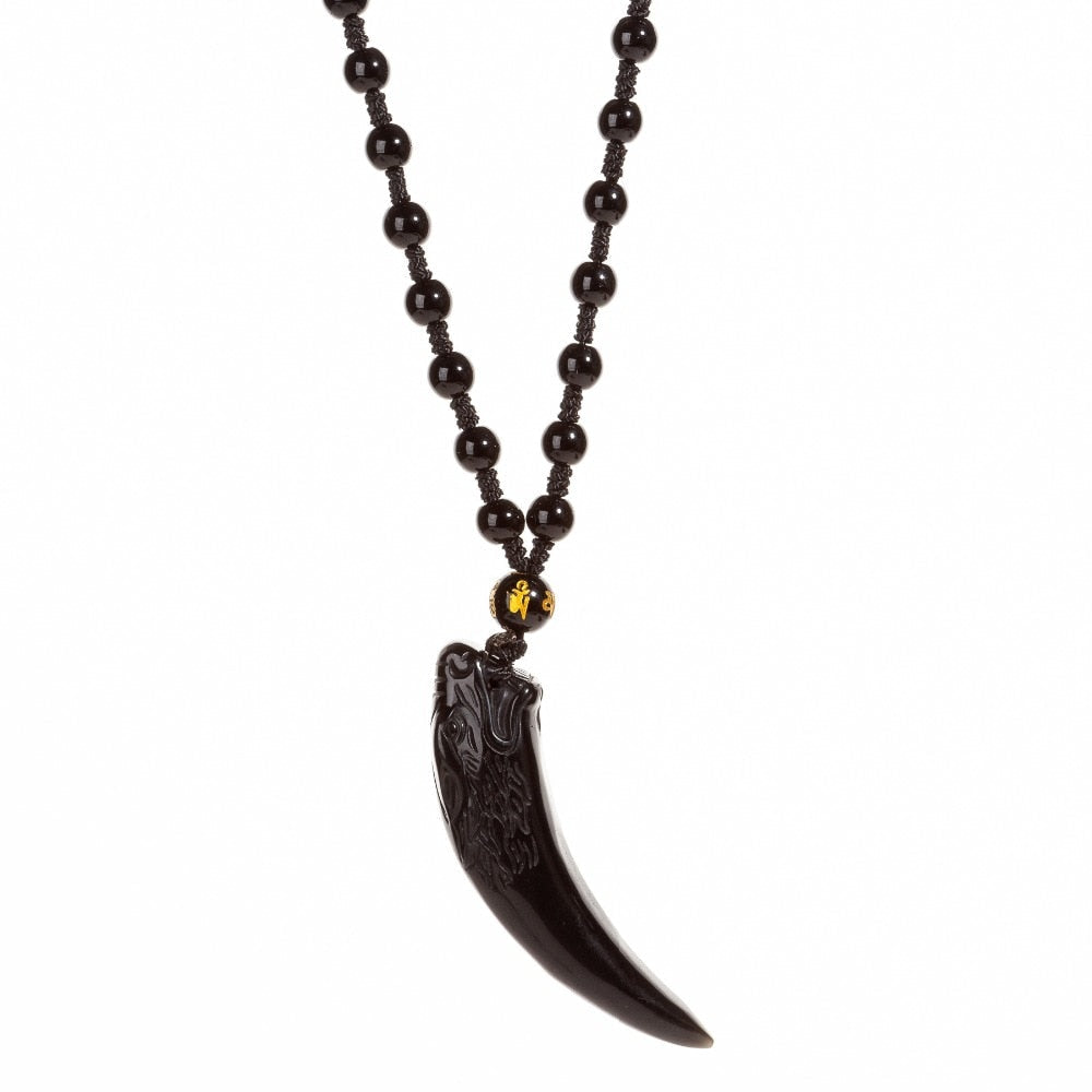 Collier à pendentif loup en obsidienne