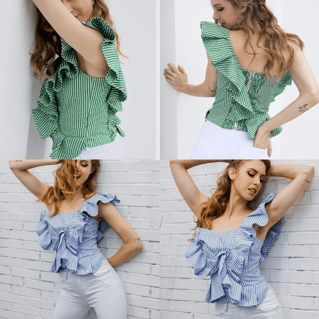 Chemisier asymétrique à volants et à rayures