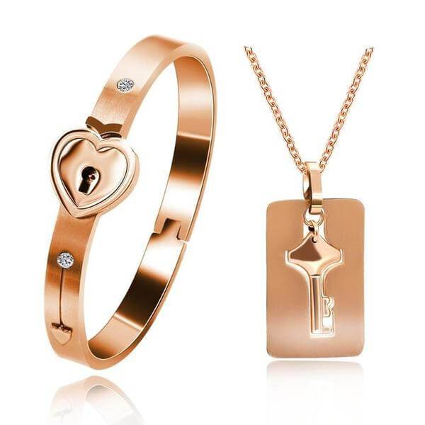 Ensemble :  bracelet + collier "VOUS ÊTES LA CLÉ DE MON CŒUR"