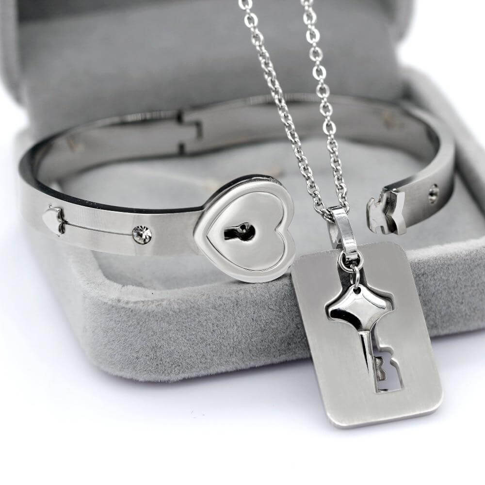 Ensemble :  bracelet + collier "VOUS ÊTES LA CLÉ DE MON CŒUR"