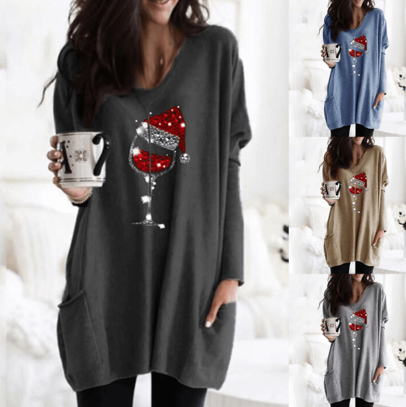 Wine & Santa Hat Casual Pull Femme