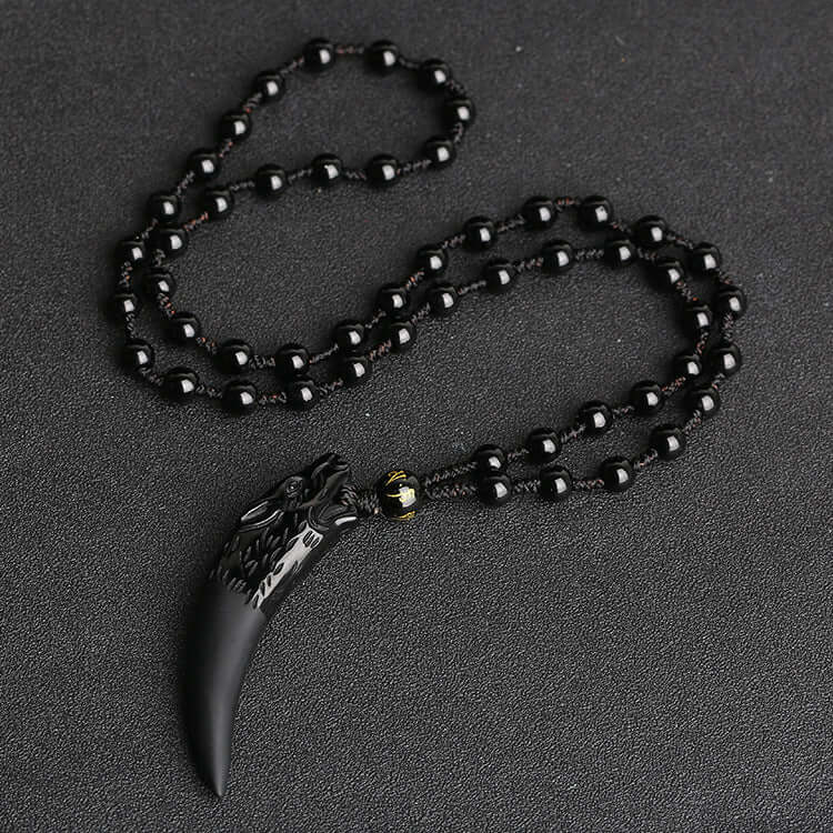 Collier à pendentif loup en obsidienne